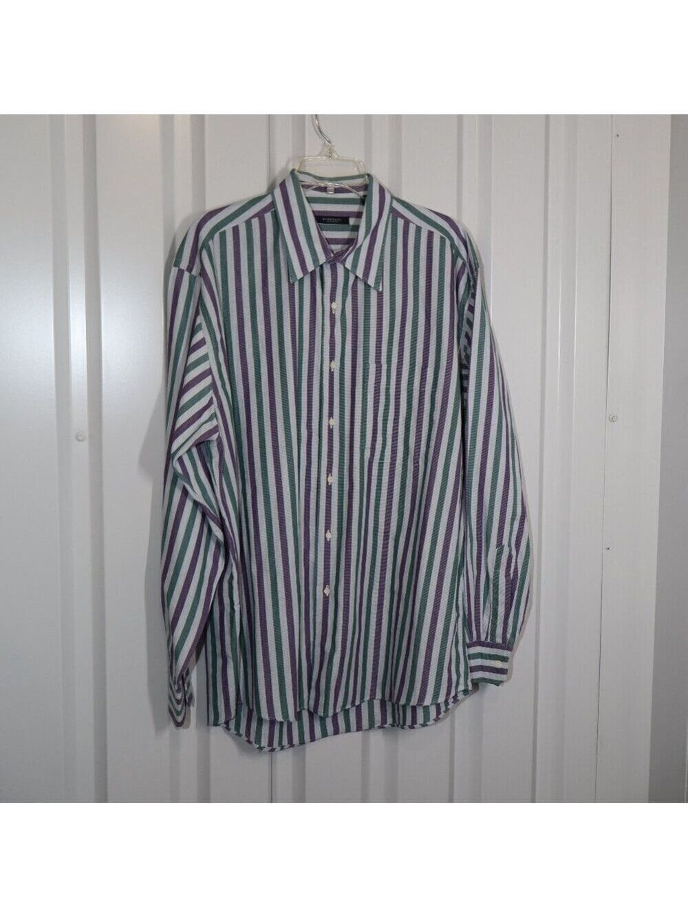 Burberry London Mens Cotton Button Up Shirt Purple Green Striped Size Large